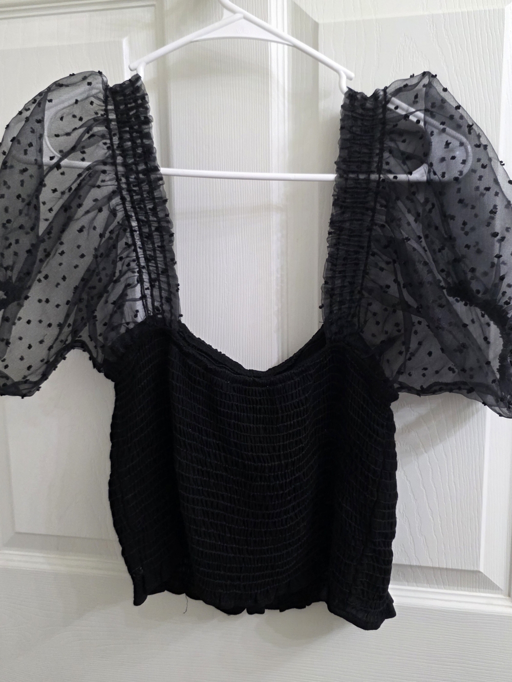 Lush Black Smocked Crop Top with Sheer Puff Dot Sleeves - Picture 5 of 5